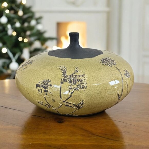 Unbranded Other - Vintage Unique Raku Pottery Vase with Intricate Crackle Flower Pattern Handmade